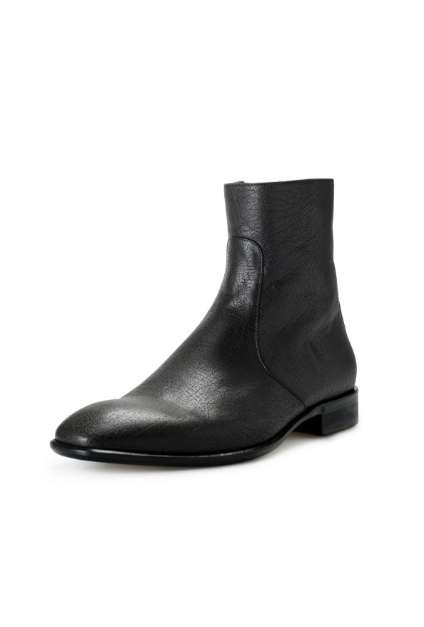 Roberto Cavalli Men's Off Black Textured Leather Ankle Boots Shoes