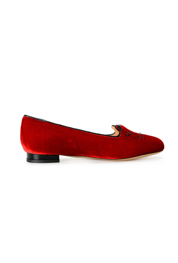 Charlotte Olympia Girls "INCY KITTY FLATS" Burgundy Velvet Ballet Flats Shoes: Picture 4