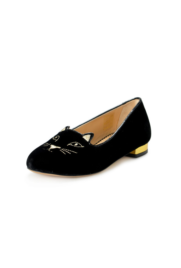 Charlotte Olympia Girls "INCY KITTY FLATS" Black Velvet Ballet Flats Shoes