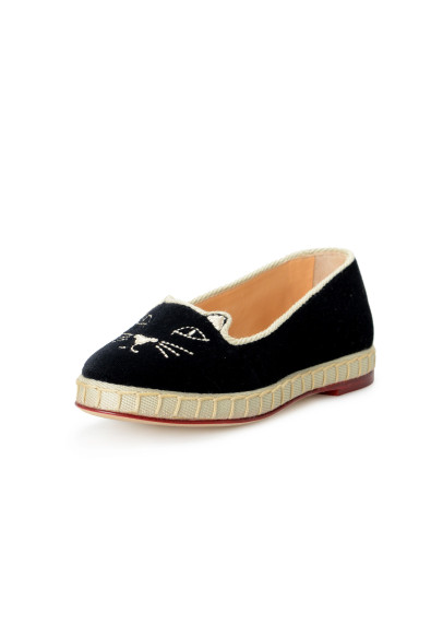 Charlotte Olympia Girls "INCY VENETIAN CATS" Black Velvet Ballet Flats Shoes