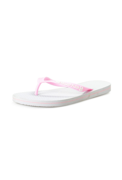 Philipp Plein Women's White/Pink Rubber Logo Print Flip Flops Shoes