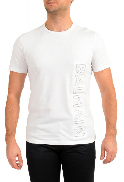 Balmain Men's White Embossed Balmain Logo Crewneck Short Sleeve T-Shirt