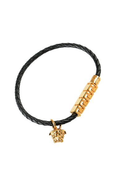 Versace Gold Color Medusa Logo Black Leather Braided Bracelet