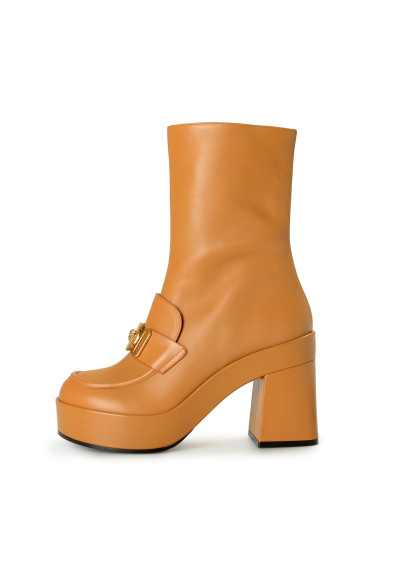 Versace Women's Brown Leather Logo Gold Medusa Heeled Platform Boots Shoes: Picture 2