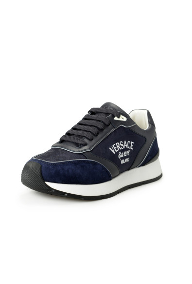 Versace Men's Blue Logo Embroidery Suede Leather Sneakers Shoes 