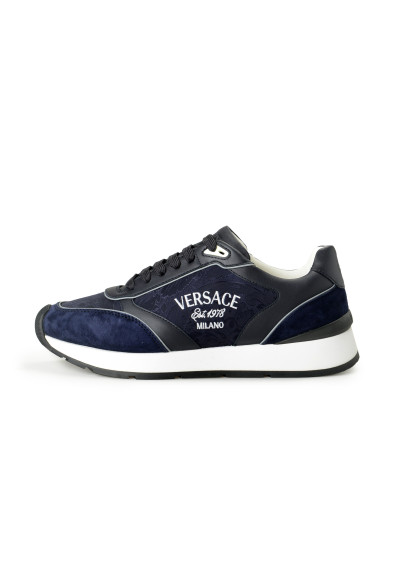 Versace Men's Blue Logo Embroidery Suede Leather Sneakers Shoes : Picture 2