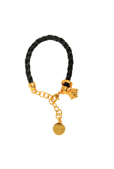 Versace Black Braided Leather Gold Color Medusa Head Charm Adjustable Bracelet