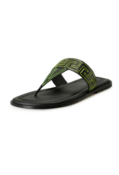 Versace Men's Black 
Green Leather Pool Slide Flip Flops Shoes