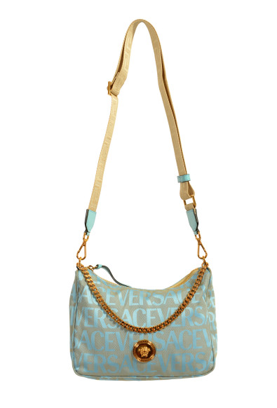 Versace Women's Blue Logo Print Gold Medusa Medium Hobo Handbag Shoulder Bag