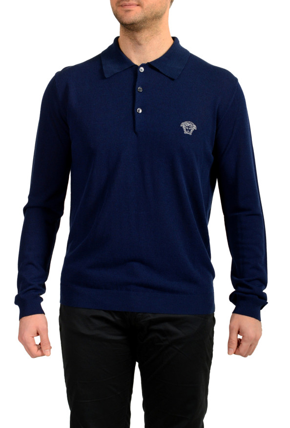 Versace Men's Blue Medusa Piquet Embroidery Knit L/S Polo Shirt